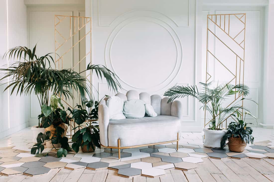 Przestronny salon w stylu art deco z białą sofą i roślinami.
