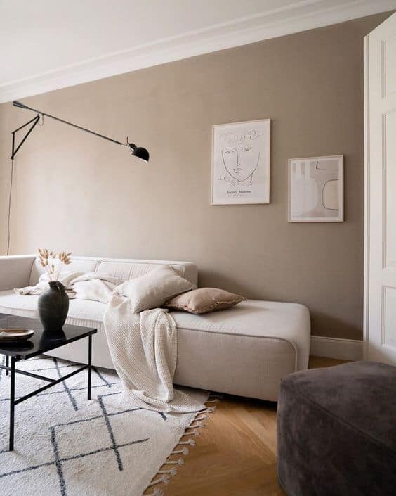 Nowoczesny salon w kolorze szarobrązowym z minimalistycznym designem.